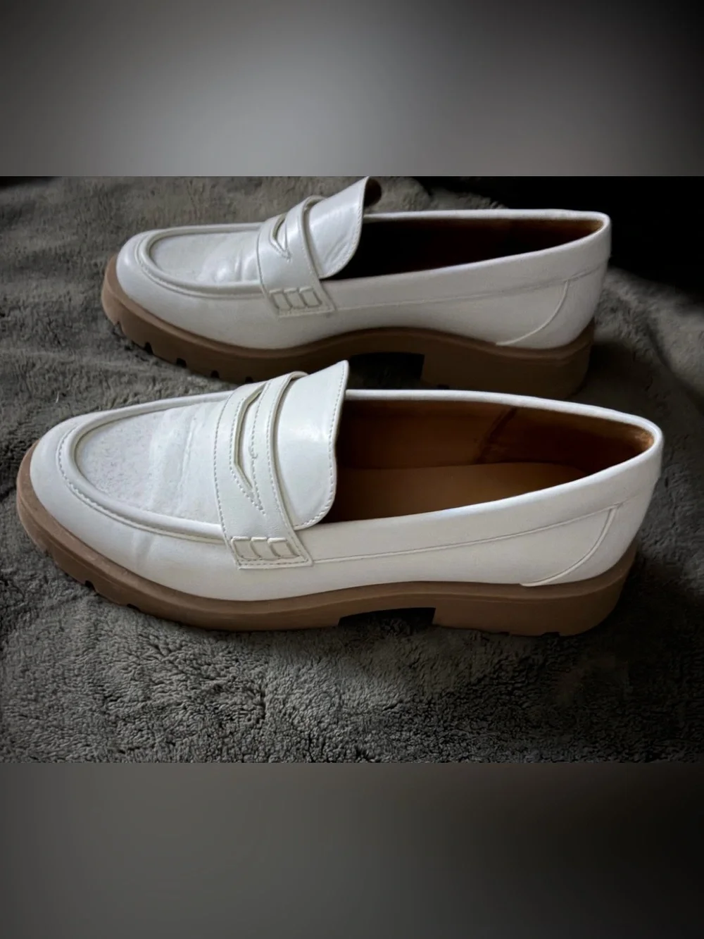 White Penny Loafers with Tan Lug Sole -